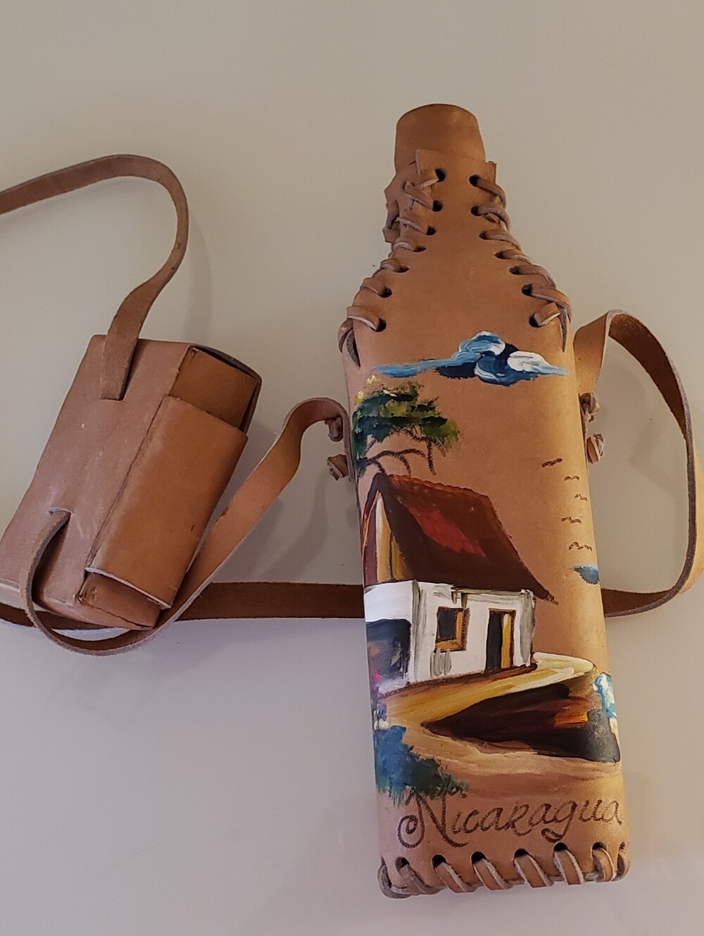 Hand-Painted Brown Leather Water Bottle Carrier with Strap